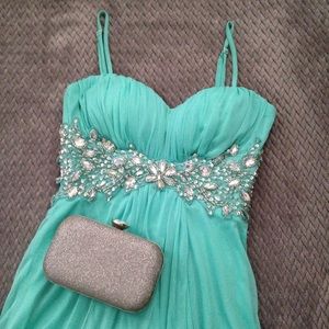 B Darlin Aqua Spaghetti Strap Long A Line Dress